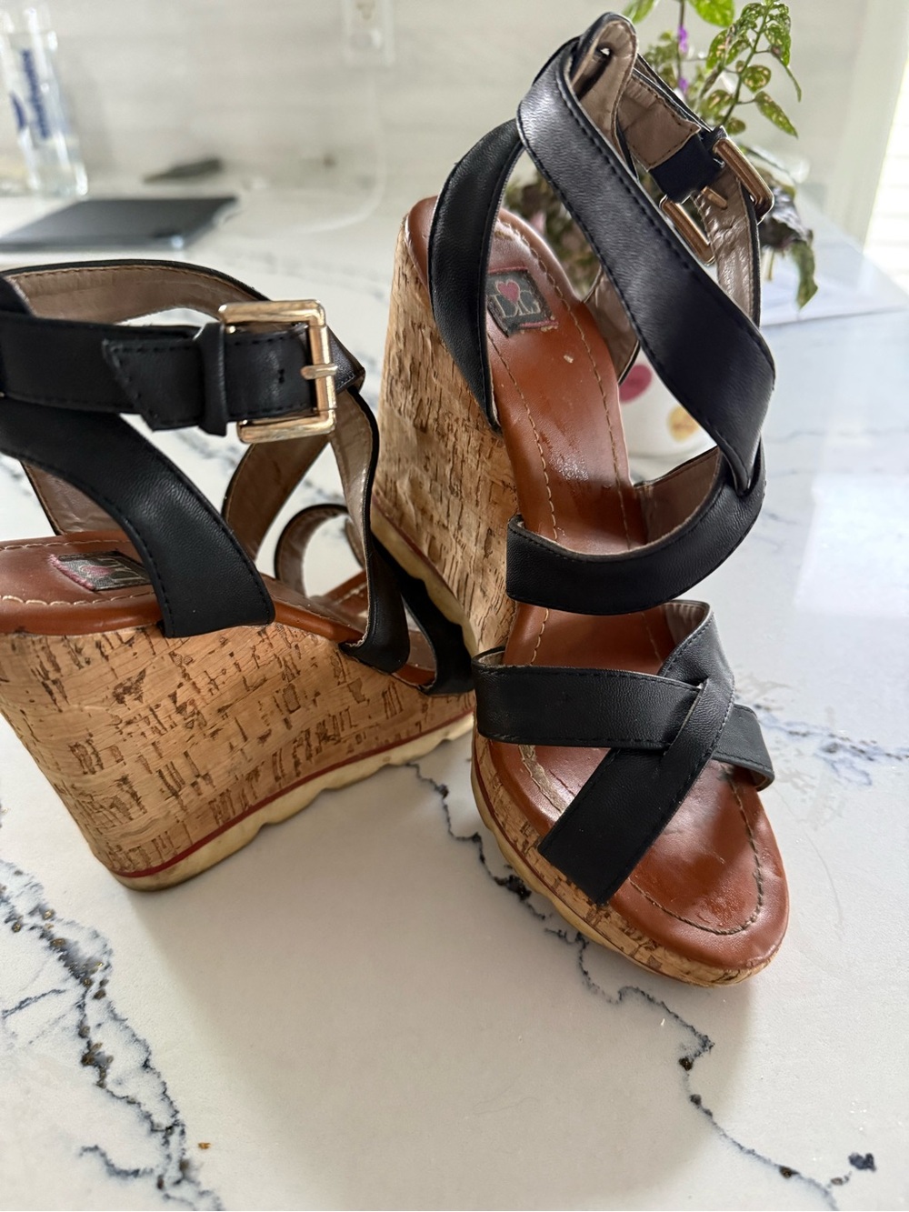 Black Cork Wedge Sandals - Women